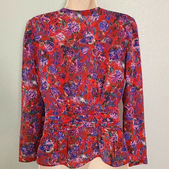 Iro Paris Hurl Blouse Red Floral V Neckline Long Sleeve sz EUR 34 US 0-2 XS - Picture 7 of 9